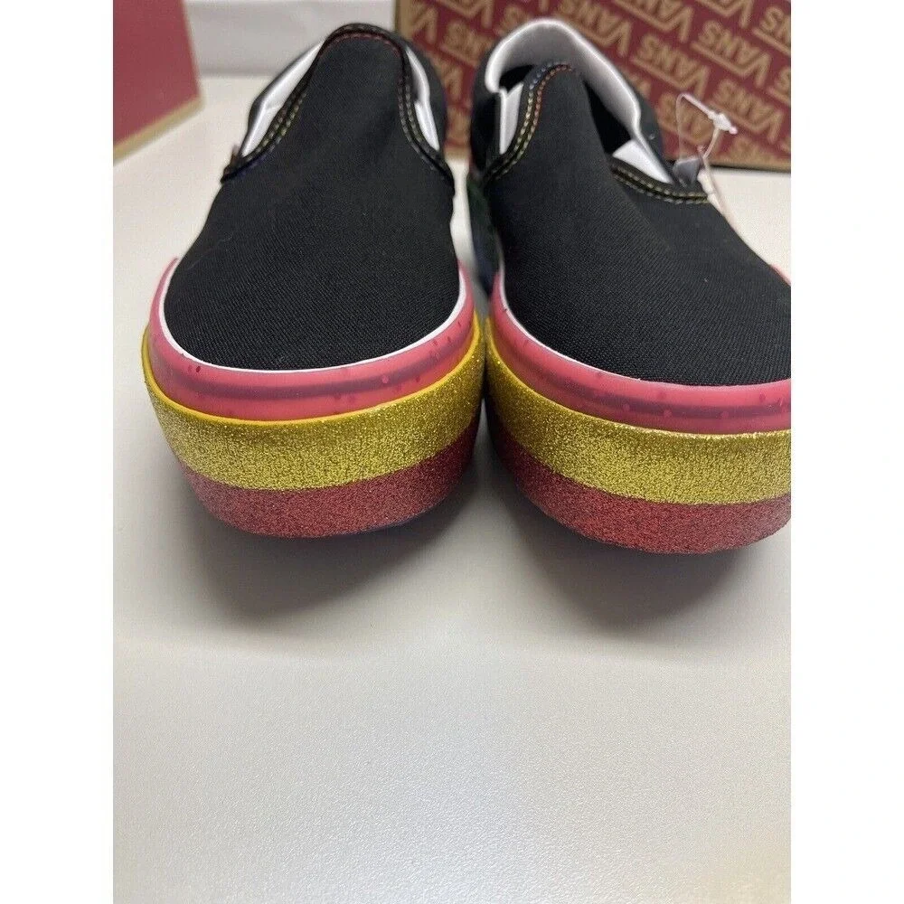 Vans Sneakers Classic Slip On Platform Black Glitter Rainbow Women 5.5 Pride New